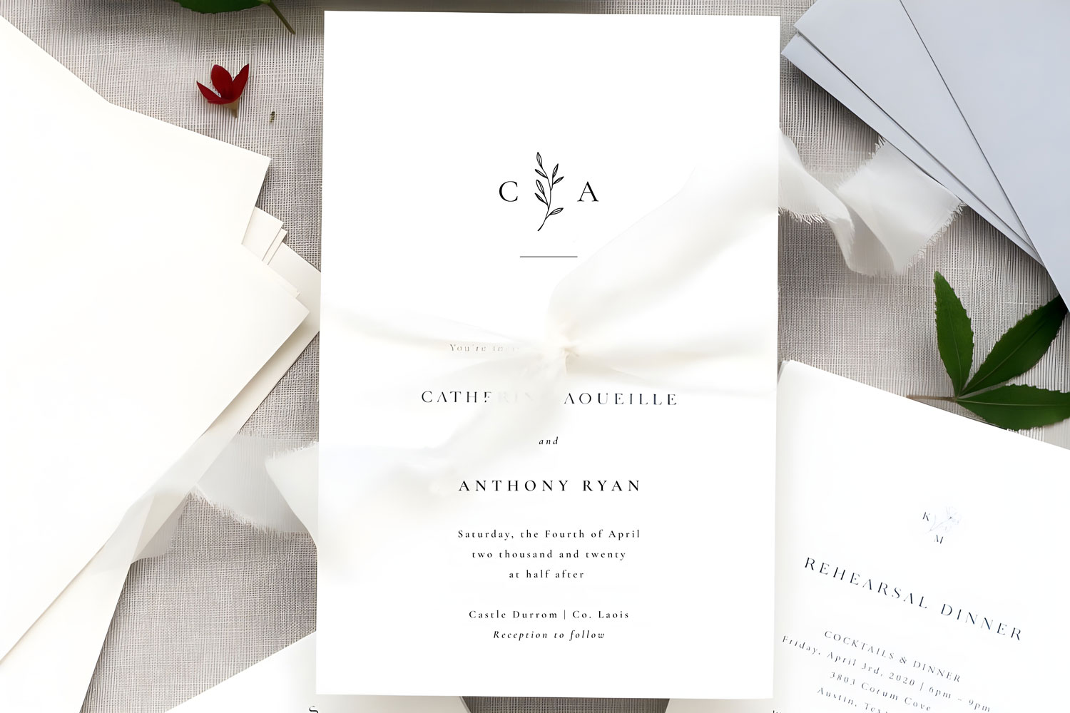 Ban Printed wedding invitations and save the dates with premium envelopes, wax seals, vellum and ribbon.