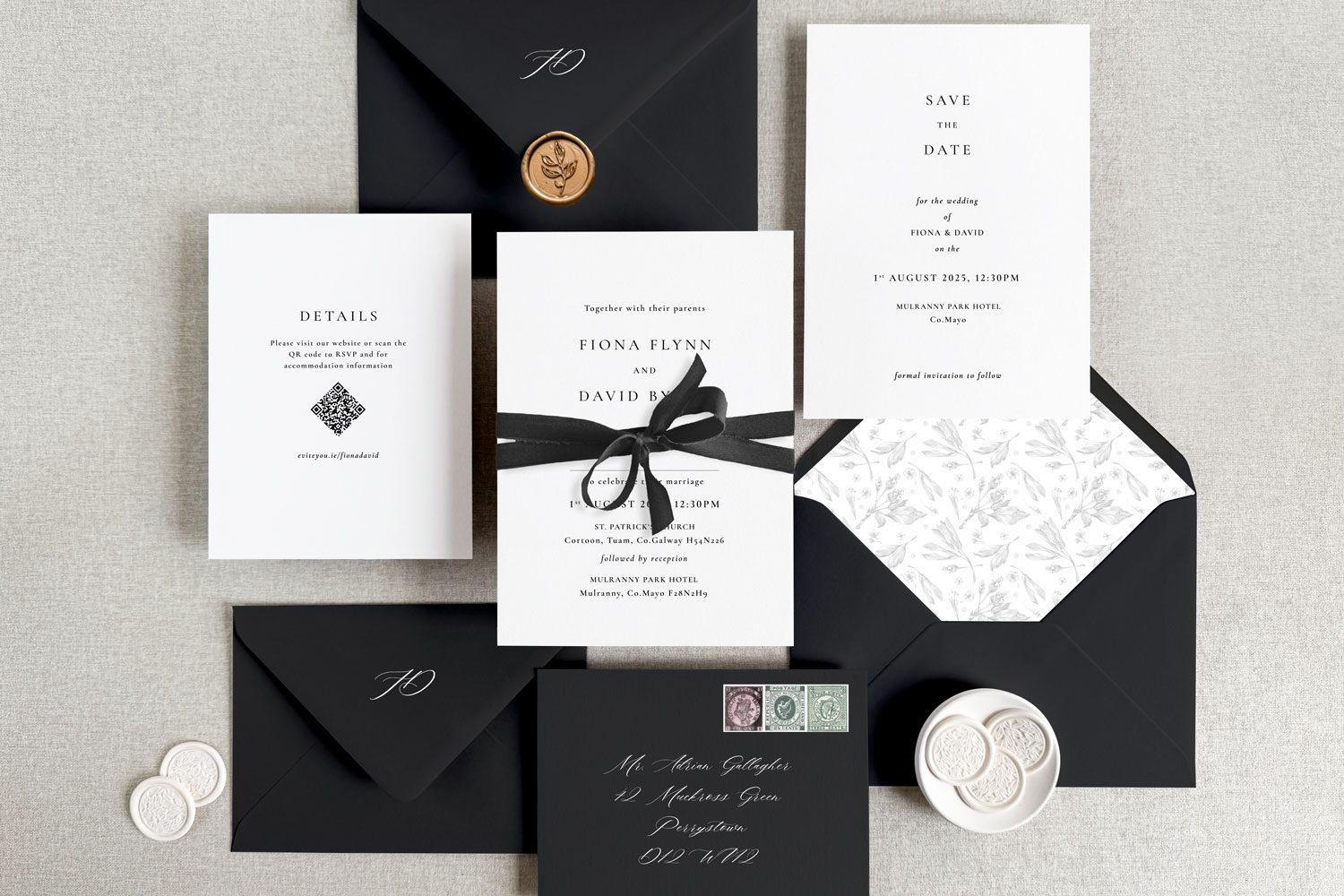 Black Tie Printed wedding invitations and save the dates with premium envelopes, wax seals, vellum and ribbon.