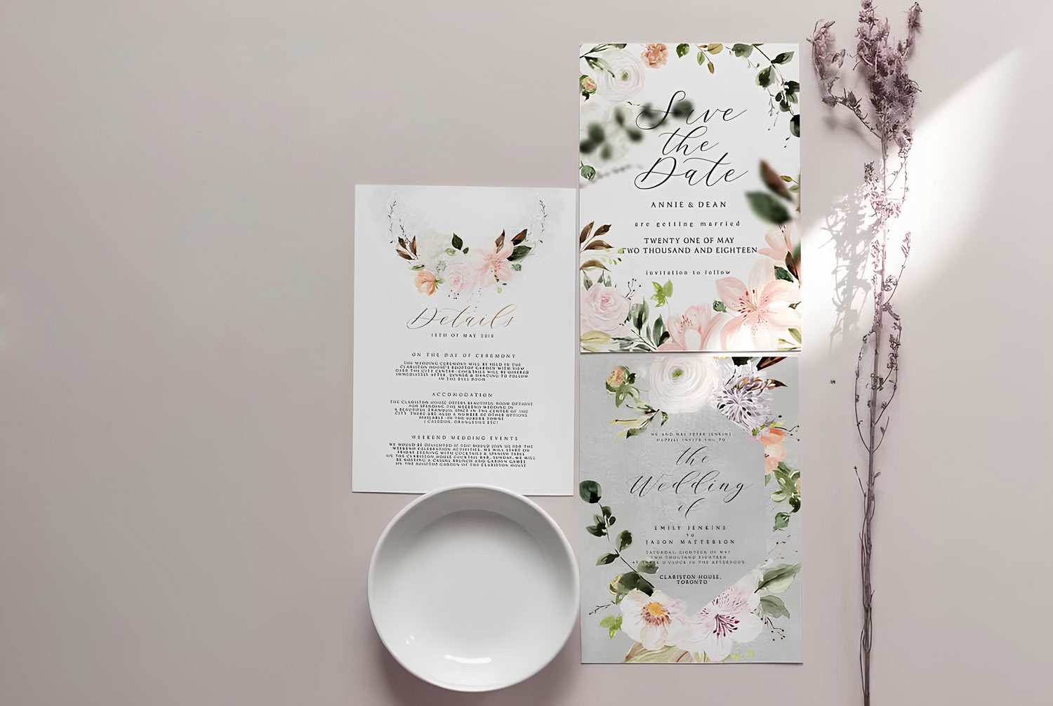 Botanic Printed wedding invitations and save the dates with premium envelopes, wax seals, vellum and ribbon.