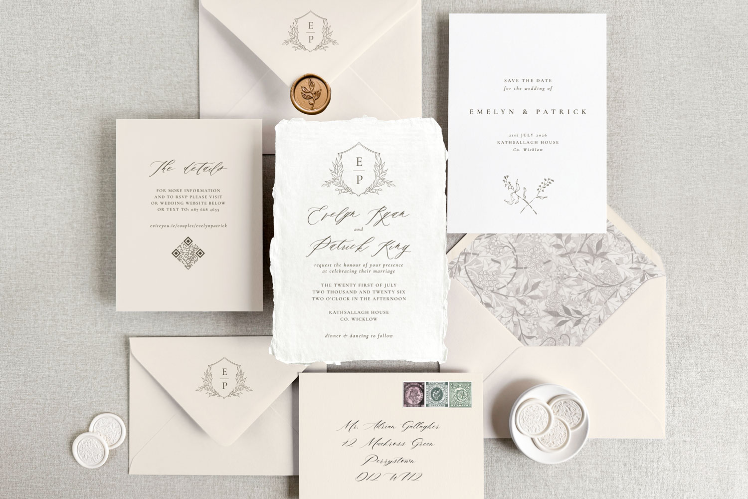 Classica Printed wedding invitations and save the dates with premium envelopes, wax seals, vellum and ribbon.