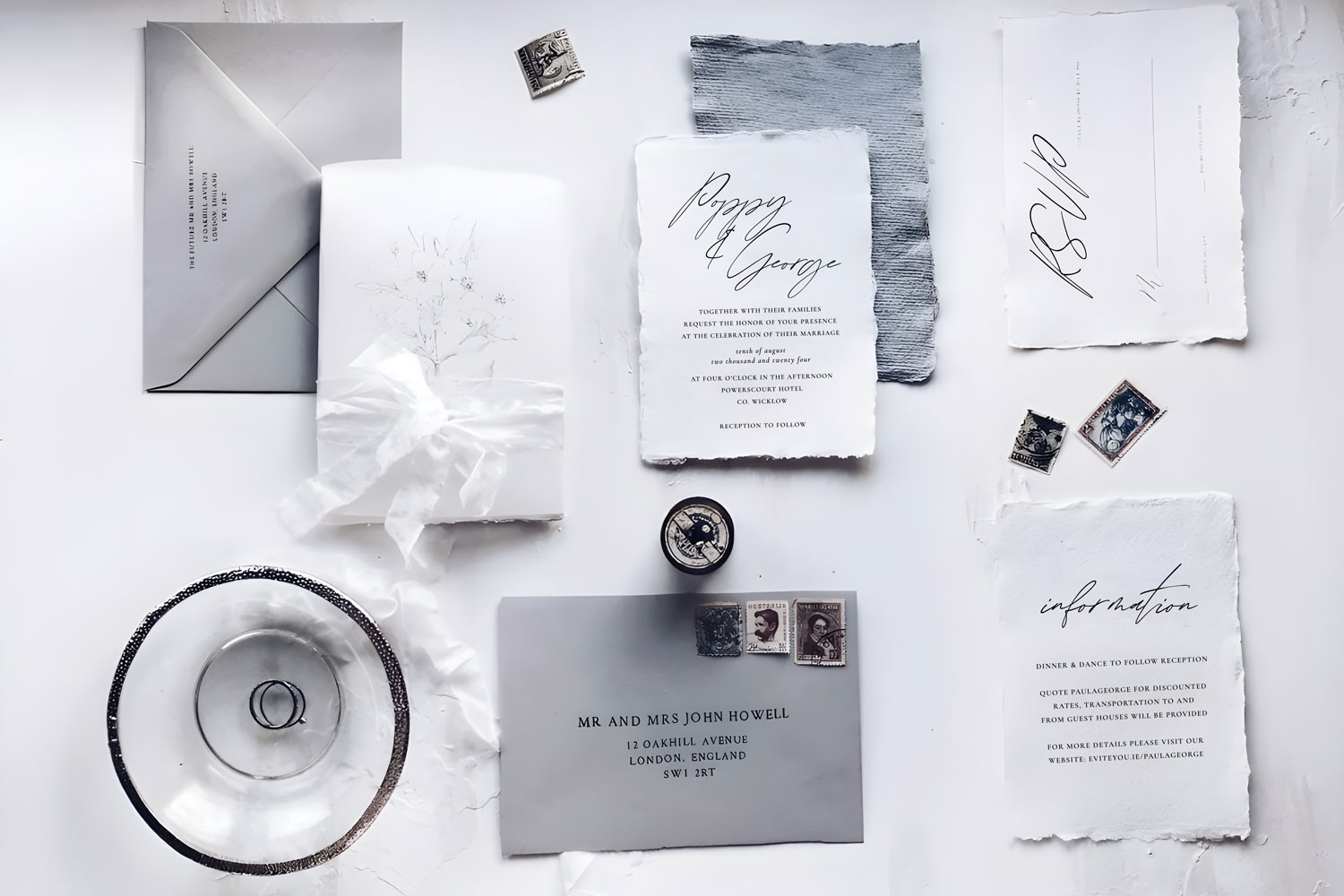Classic Script Printed wedding invitations and save the dates with premium envelopes, wax seals, vellum and ribbon.