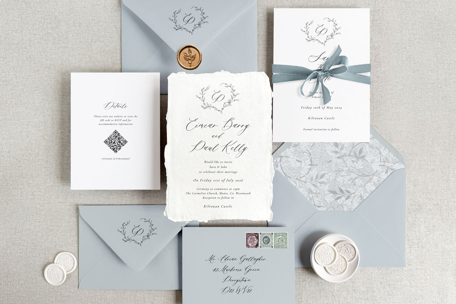 Croithe Printed wedding invitations and save the dates with premium envelopes, wax seals, vellum and ribbon.
