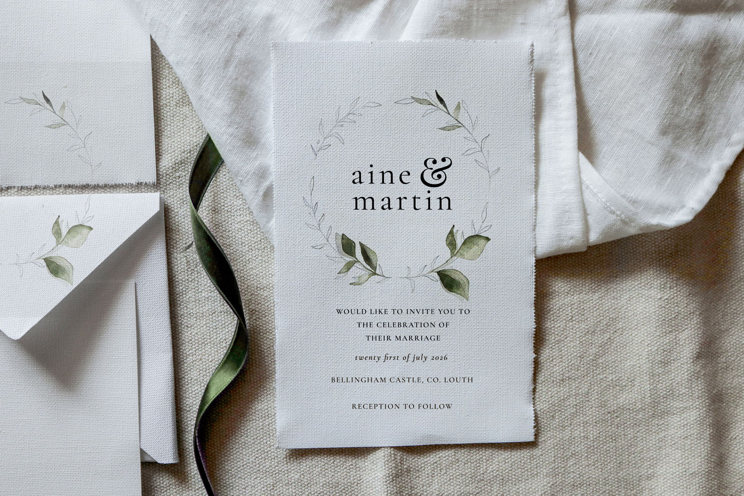 Duilleog Printed wedding invitations and save the dates with premium envelopes, wax seals, vellum and ribbon.