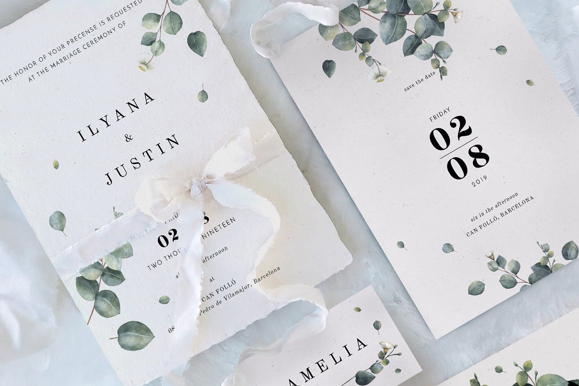 Eucalyptus Printed wedding invitations and save the dates with premium envelopes, wax seals, vellum and ribbon.