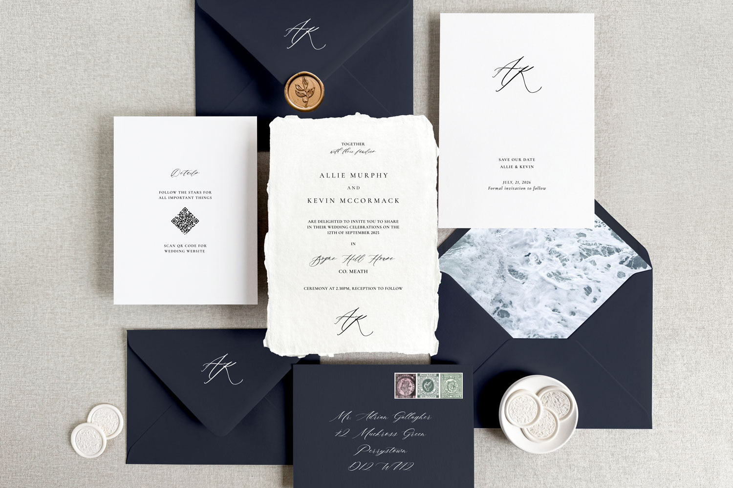 Farraige Printed wedding invitations and save the dates with premium envelopes, wax seals, vellum and ribbon.