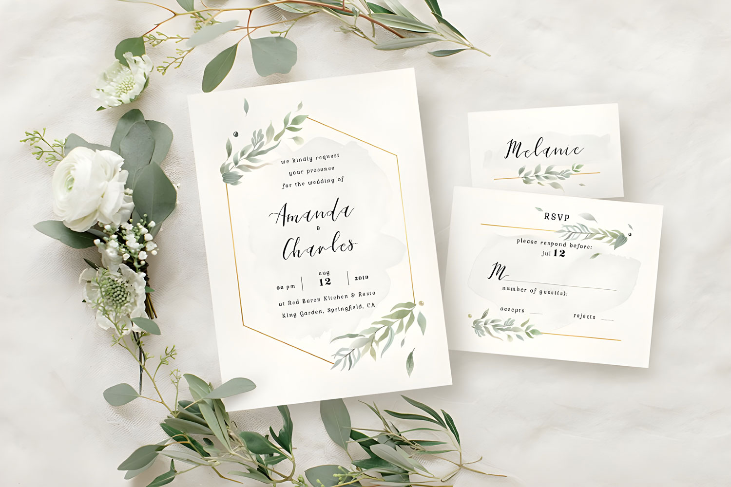 Foliage Printed wedding invitations and save the dates with premium envelopes, wax seals, vellum and ribbon.