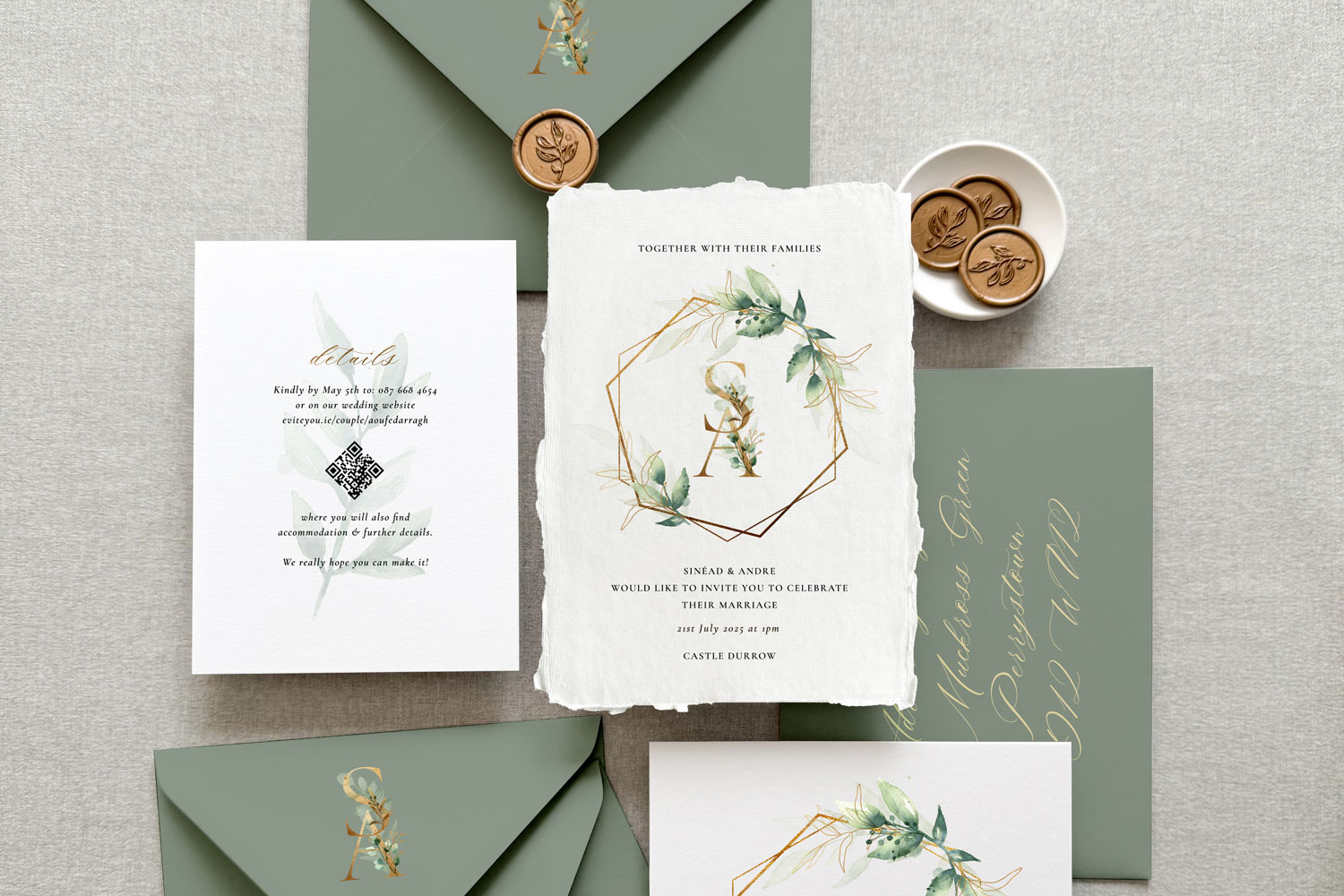 Gold Leaf Printed wedding invitations and save the dates with premium envelopes, wax seals, vellum and ribbon.