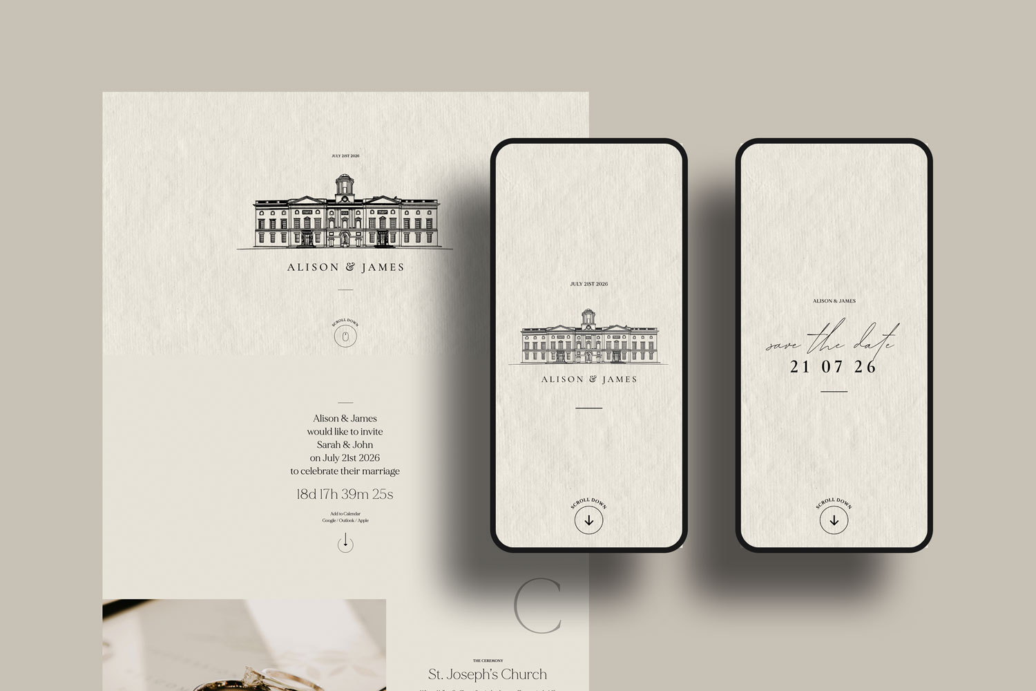 Online wedding invitations, paperless digital WhatsApp evites and websites, save the dates and thank you cards.