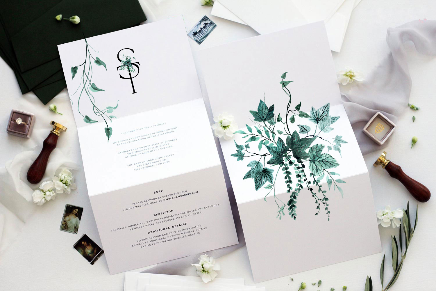 Ivy Printed wedding invitations and save the dates with premium envelopes, wax seals, vellum and ribbon.
