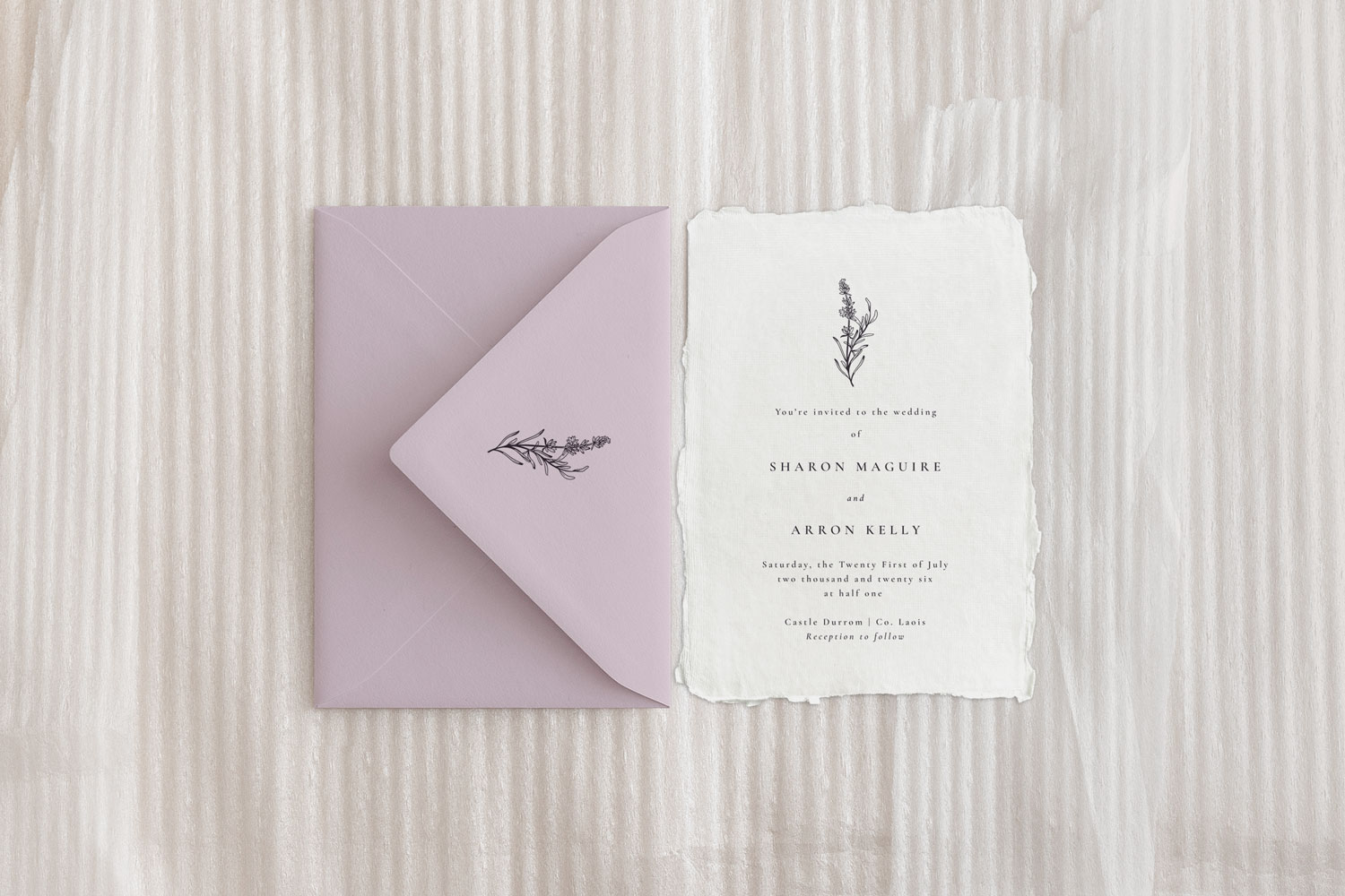 Lavender Printed wedding invitations and save the dates with premium envelopes, wax seals, vellum and ribbon.
