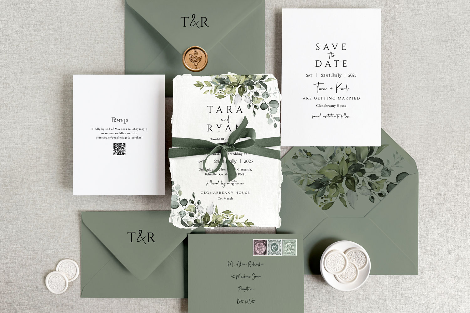 Leaf Printed wedding invitations and save the dates with premium envelopes, wax seals, vellum and ribbon.