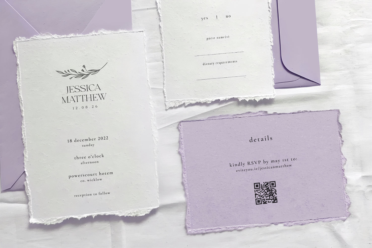 Lilac Printed wedding invitations and save the dates with premium envelopes, wax seals, vellum and ribbon.