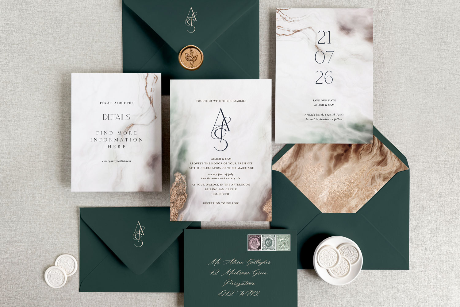 Marble Printed wedding invitations and save the dates with premium envelopes, wax seals, vellum and ribbon.