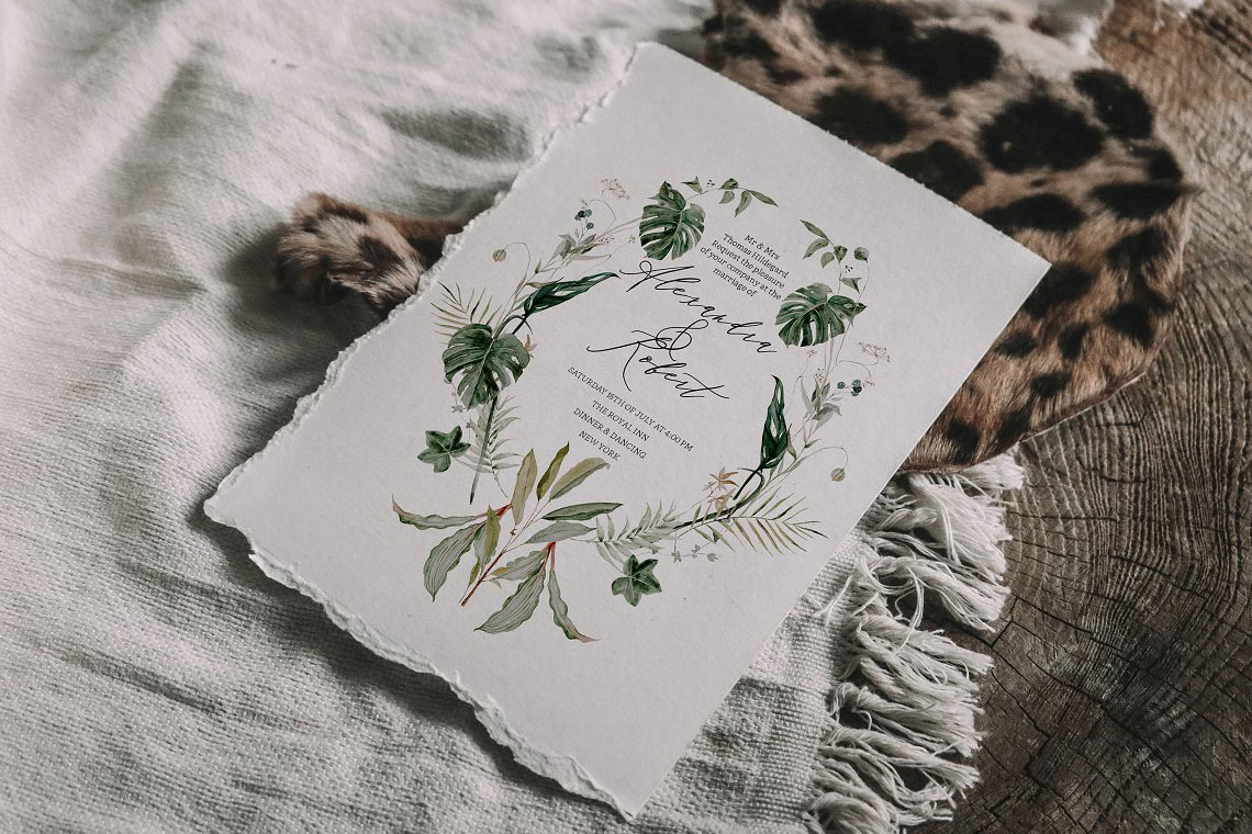 Palm Printed wedding invitations and save the dates with premium envelopes, wax seals, vellum and ribbon.