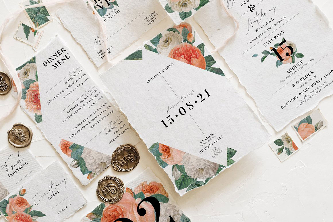 Rose Printed wedding invitations and save the dates with premium envelopes, wax seals, vellum and ribbon.