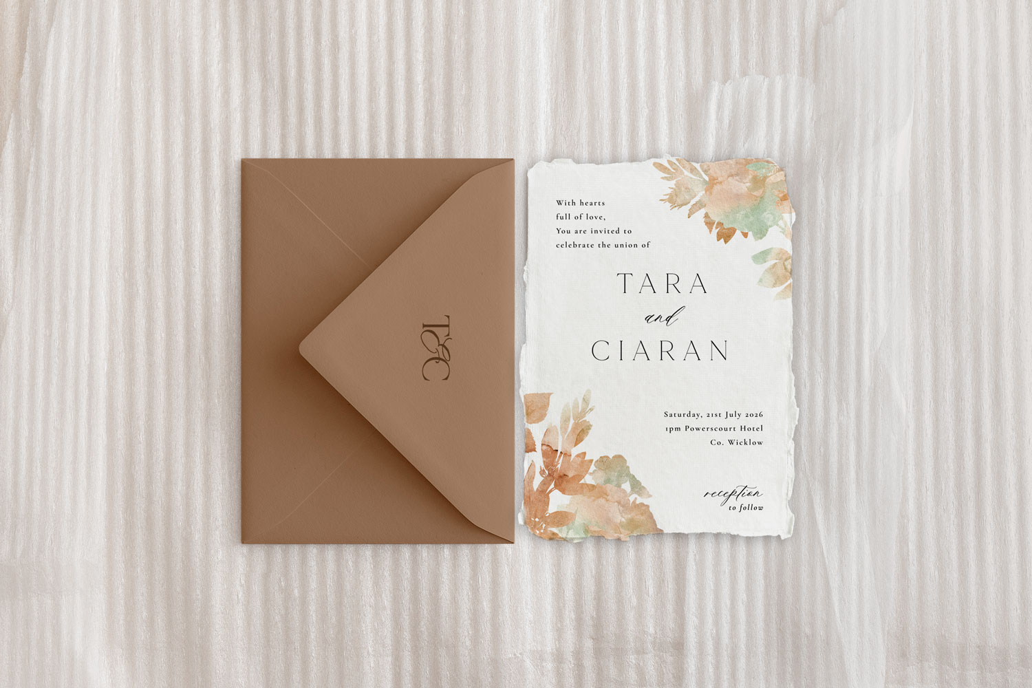 Rust Printed wedding invitations and save the dates with premium envelopes, wax seals, vellum and ribbon.