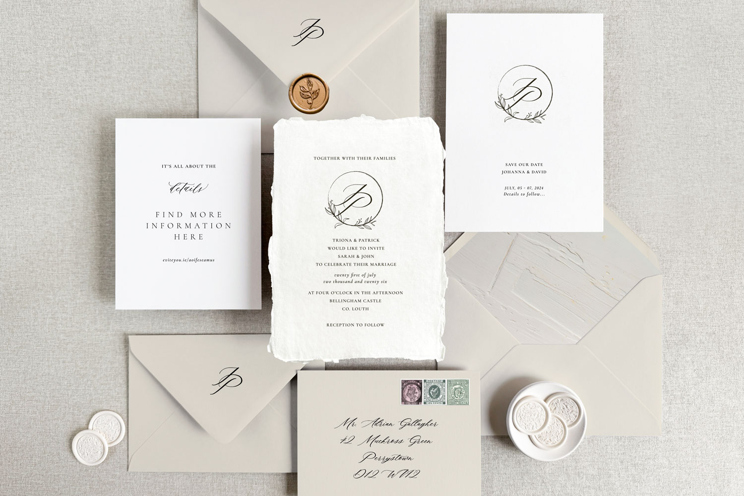 Slate Printed wedding invitations and save the dates with premium envelopes, wax seals, vellum and ribbon.