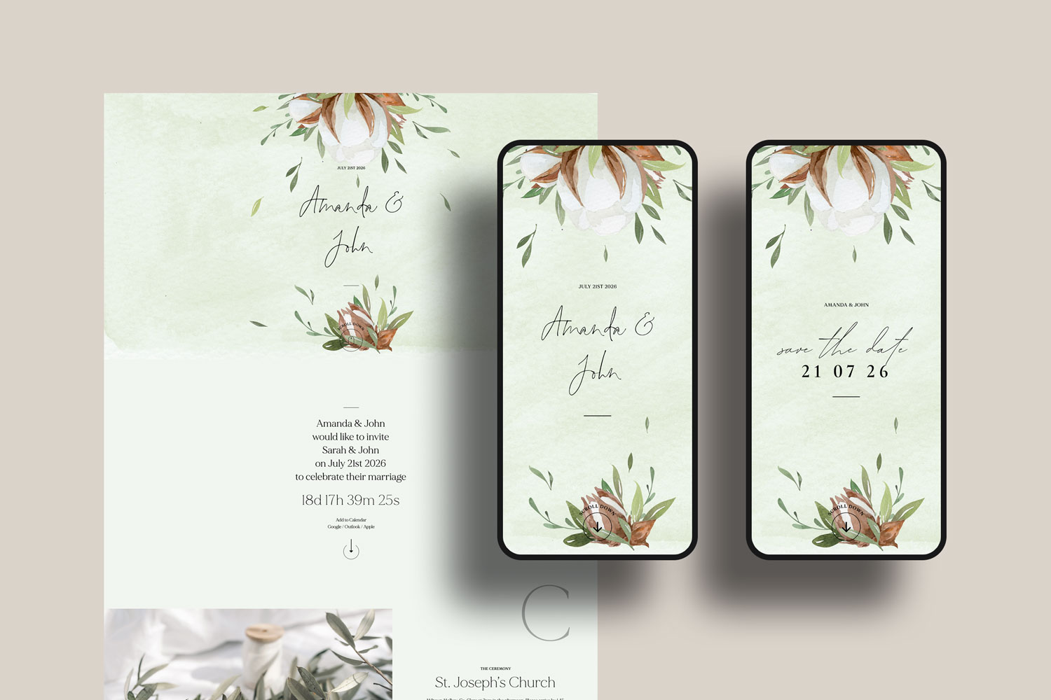 Online wedding invitations, paperless digital WhatsApp evites and websites, save the dates and thank you cards.