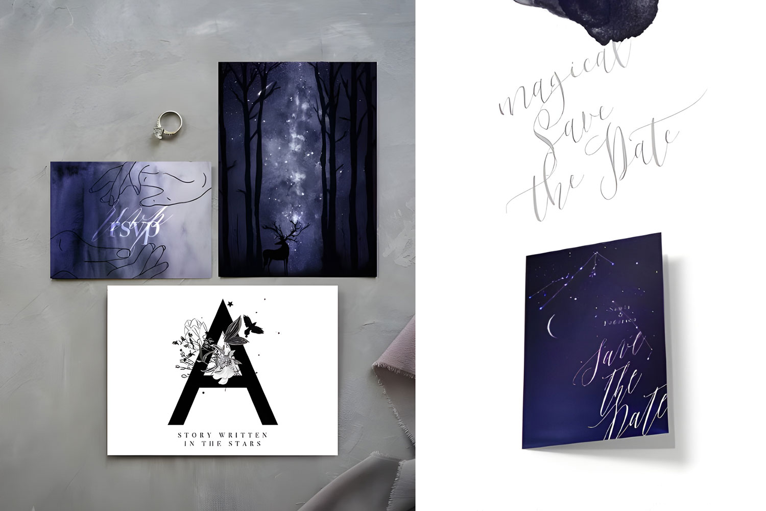 Starcrossed Printed wedding invitations and save the dates with premium envelopes, wax seals, vellum and ribbon.