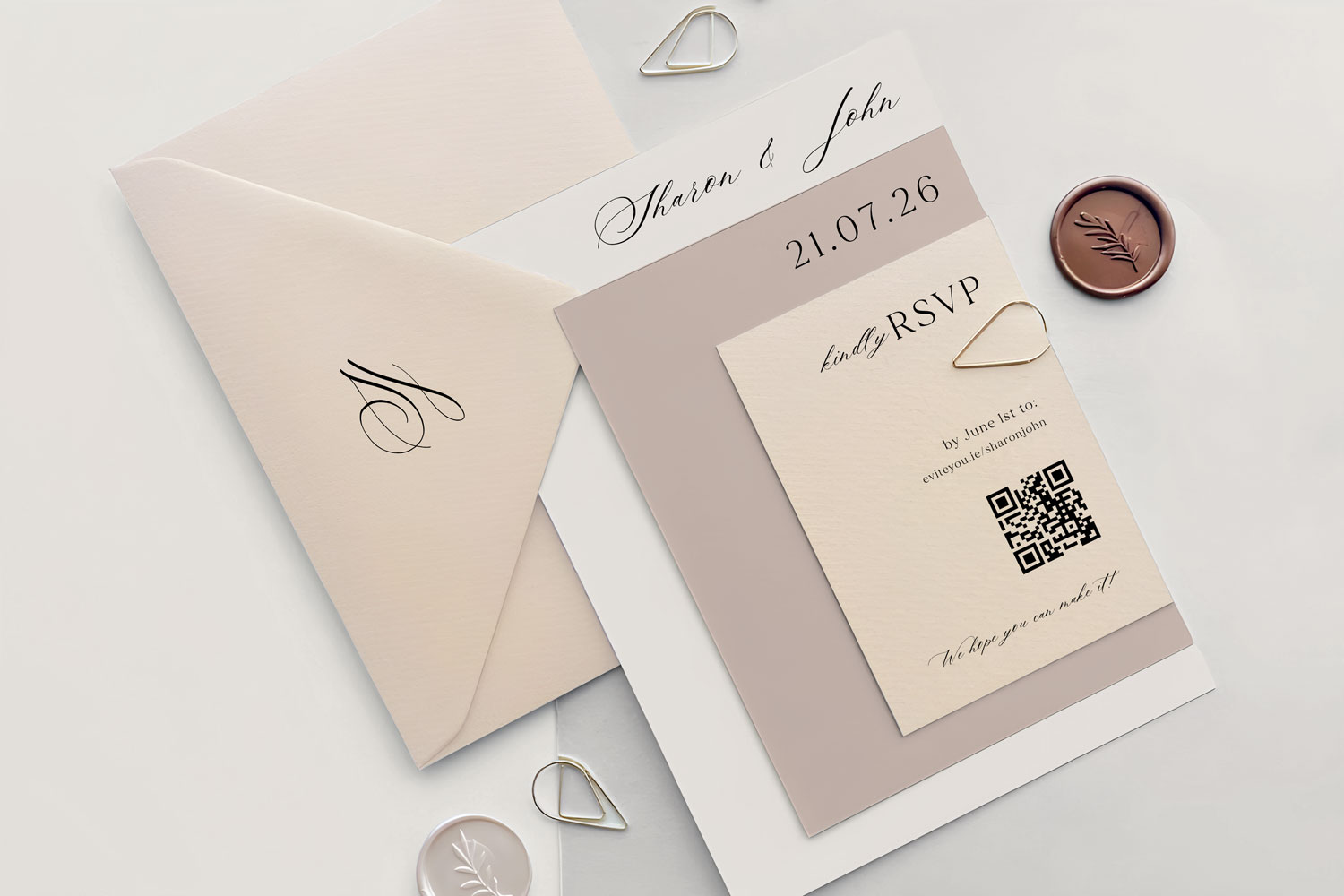 Taupe Printed wedding invitations and save the dates with premium envelopes, wax seals, vellum and ribbon.