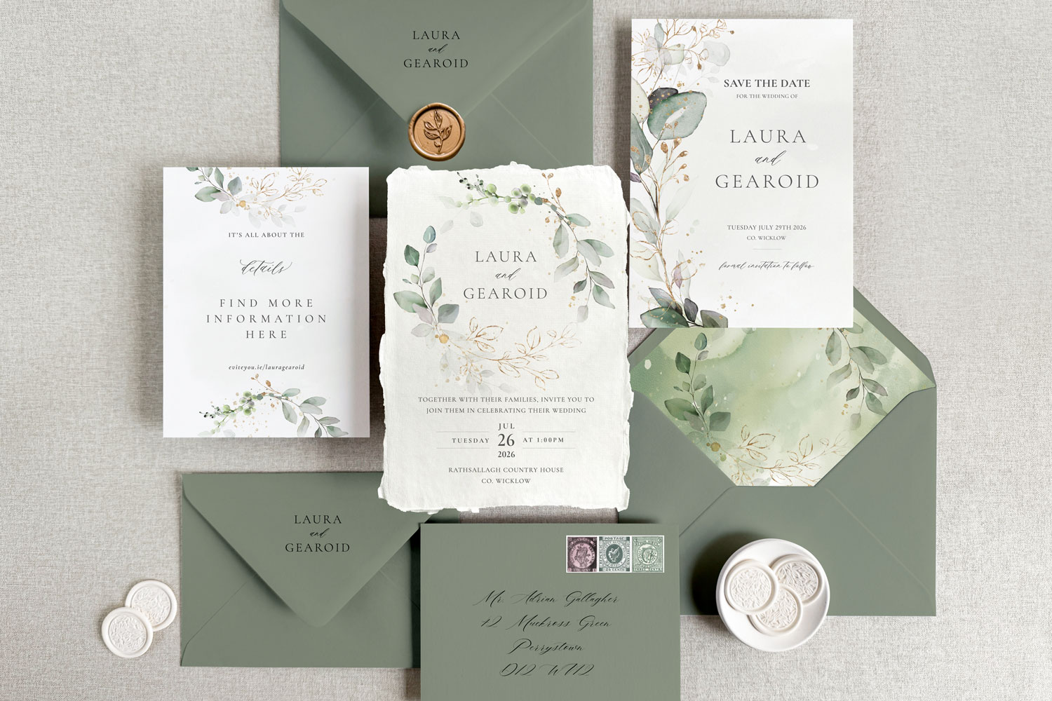 Water Colour Printed wedding invitations and save the dates with premium envelopes, wax seals, vellum and ribbon.