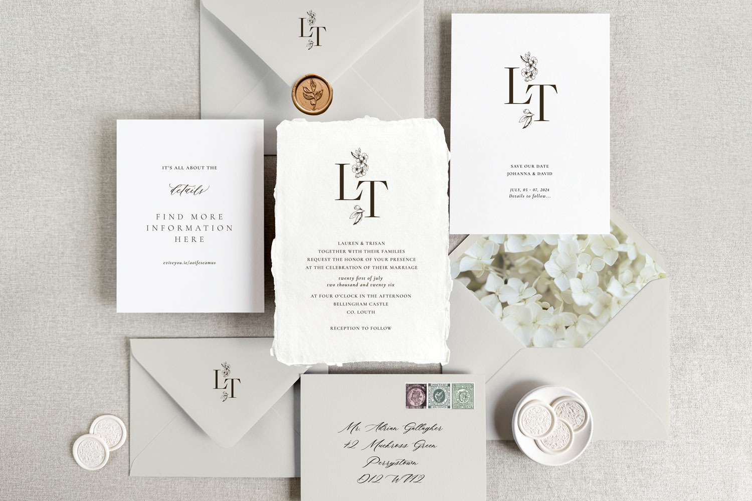 White Floral Printed wedding invitations and save the dates with premium envelopes, wax seals, vellum and ribbon.