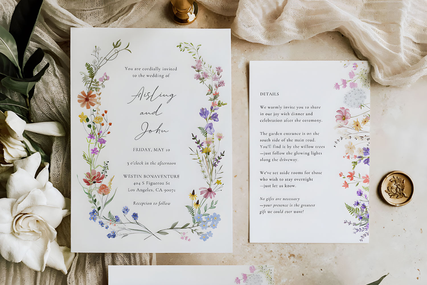 Wild Flowers Printed wedding invitations and save the dates with premium envelopes, wax seals, vellum and ribbon.