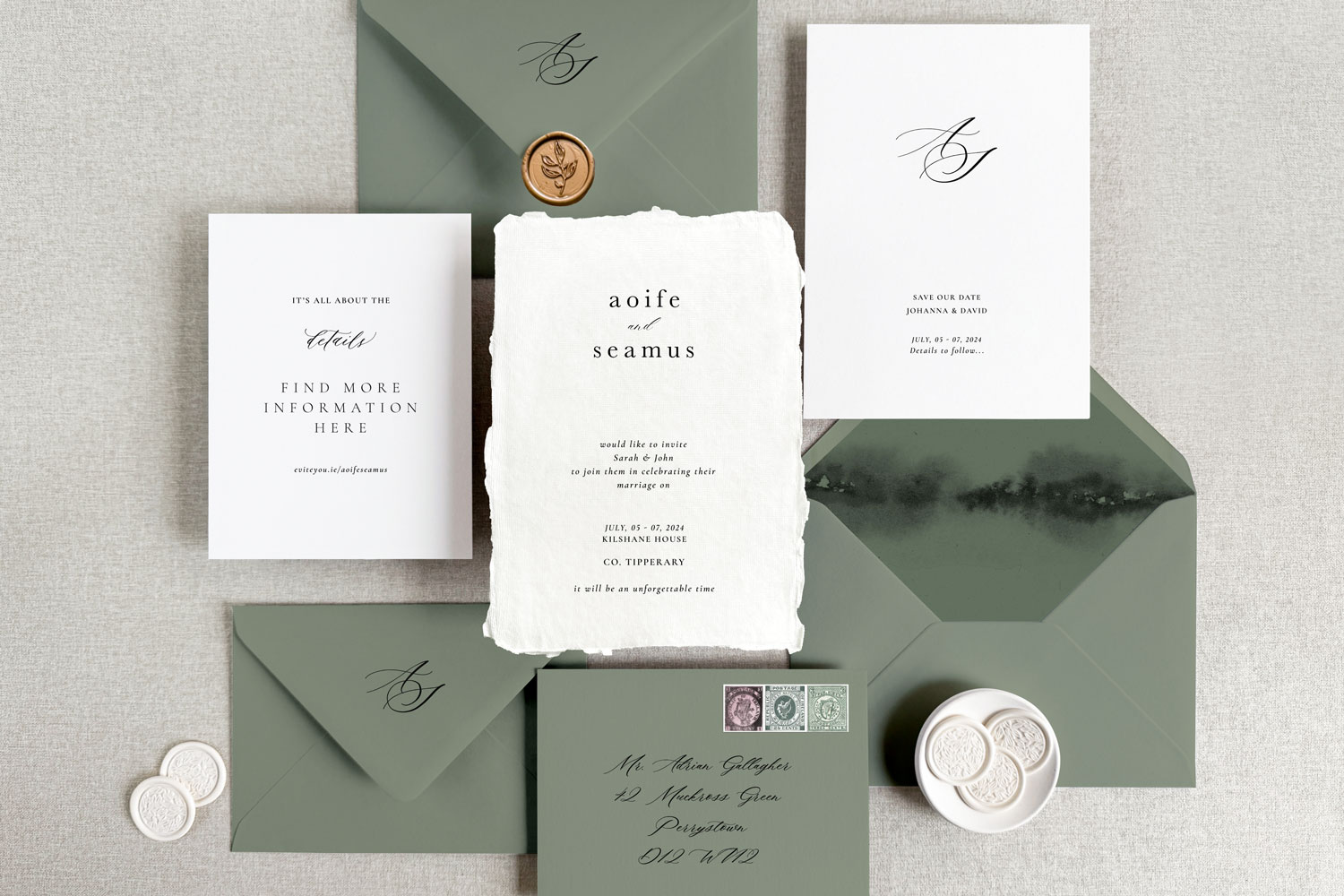 Woodland Printed wedding invitations and save the dates with premium envelopes, wax seals, vellum and ribbon.