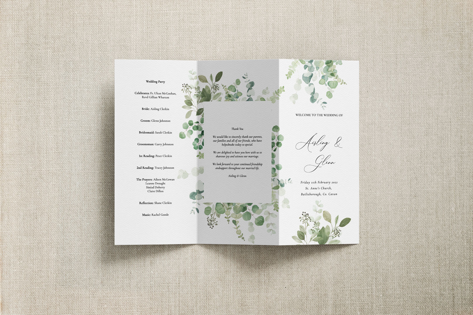 Wedding Mass ceremony order of service trifold and bifold programmes with textured premium quality card, Evite You DNationwide UK.