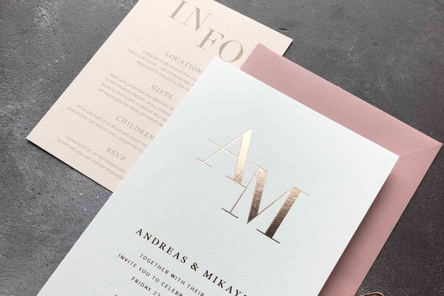 Aisling Printed wedding invitations and save the dates with premium envelopes, wax seals, vellum and ribbon.