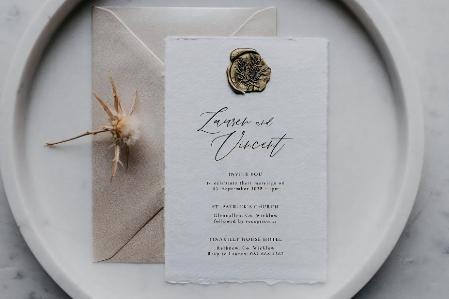 Antique Printed wedding invitations and save the dates with premium envelopes, wax seals, vellum and ribbon.