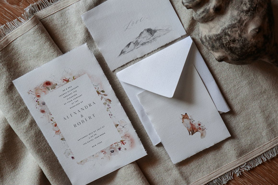 Autumnal Printed wedding invitations and save the dates with premium envelopes, wax seals, vellum and ribbon.