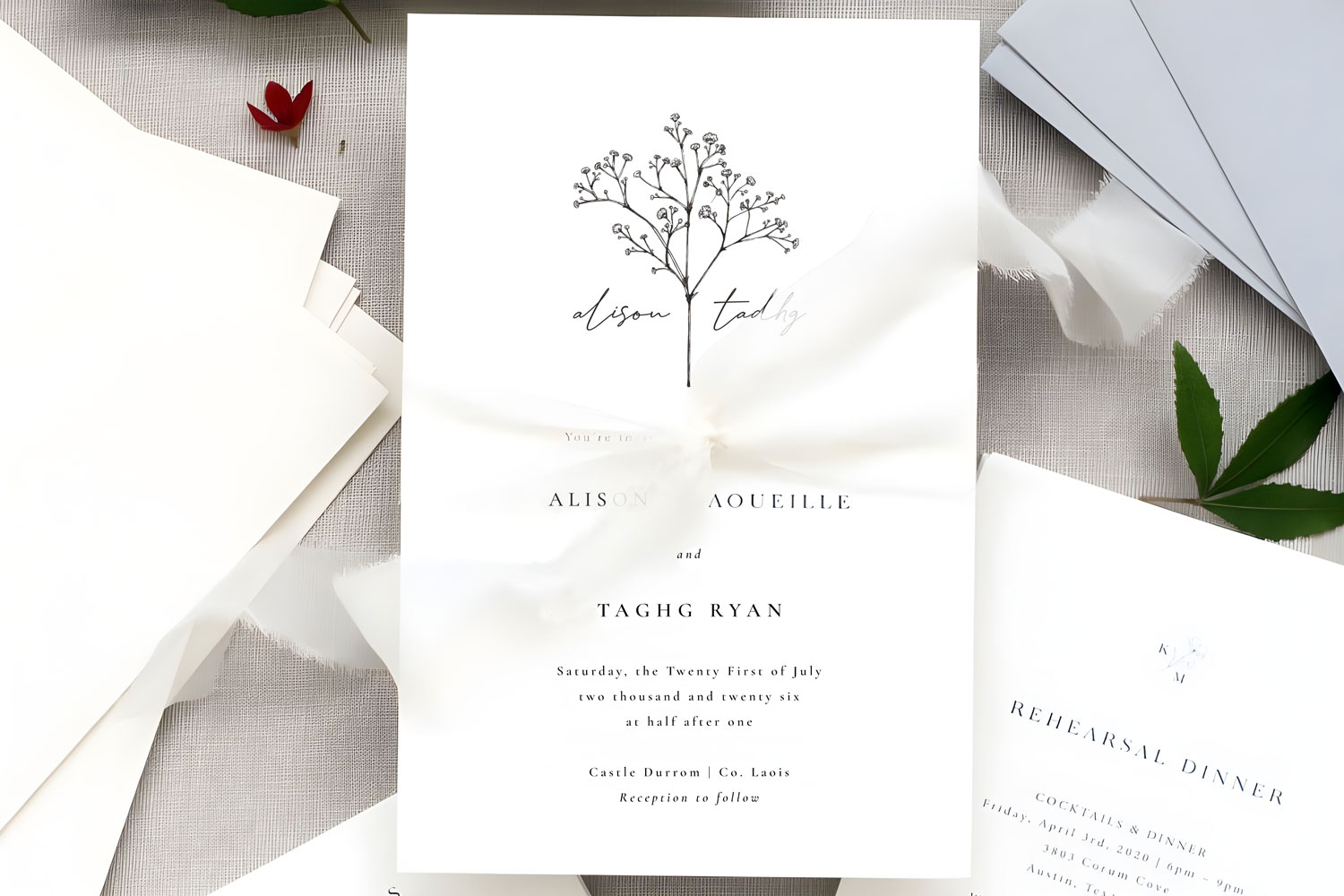 Baby's Breathe Printed wedding invitations and save the dates with premium envelopes, wax seals, vellum and ribbon.