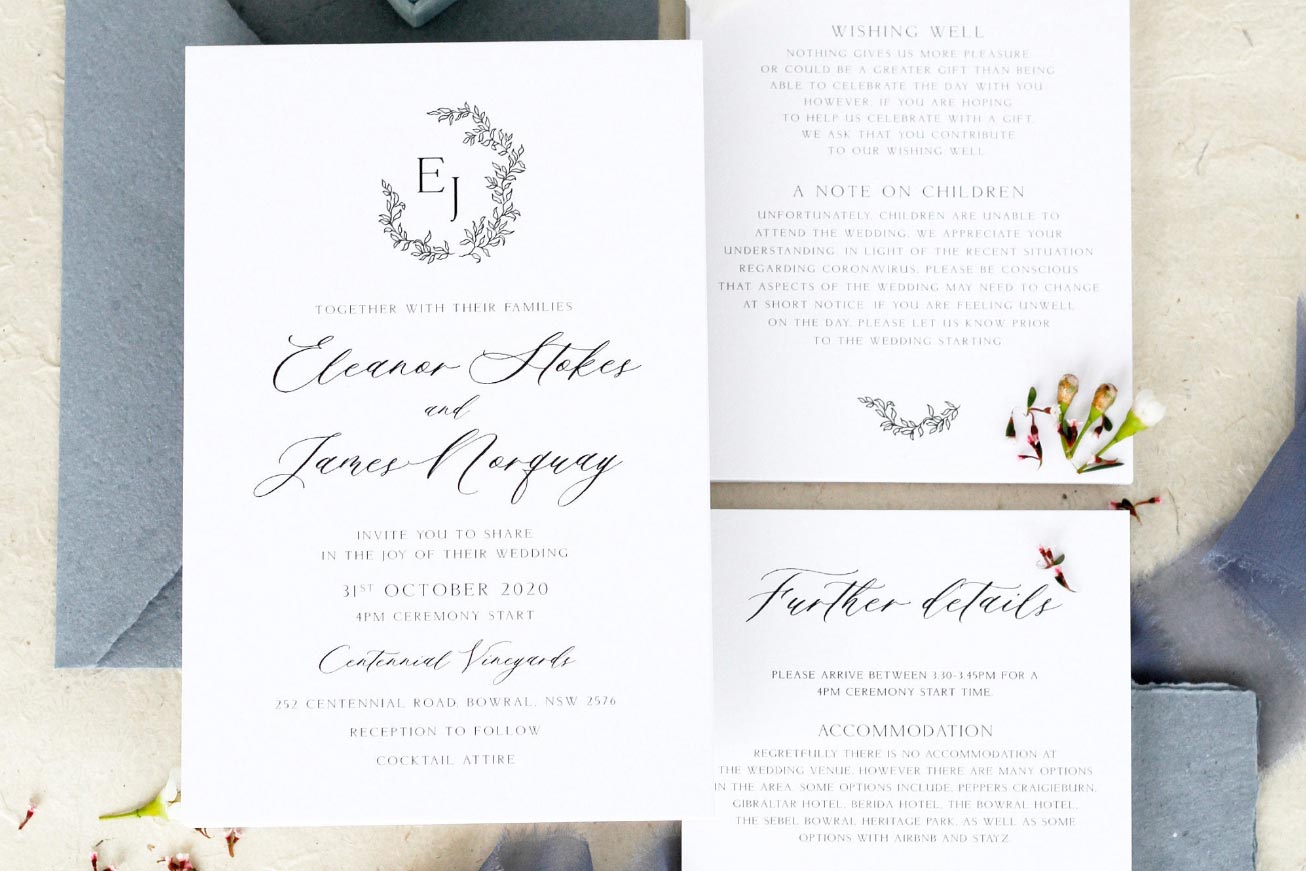 Classic Printed wedding invitations and save the dates with premium envelopes, wax seals, vellum and ribbon.