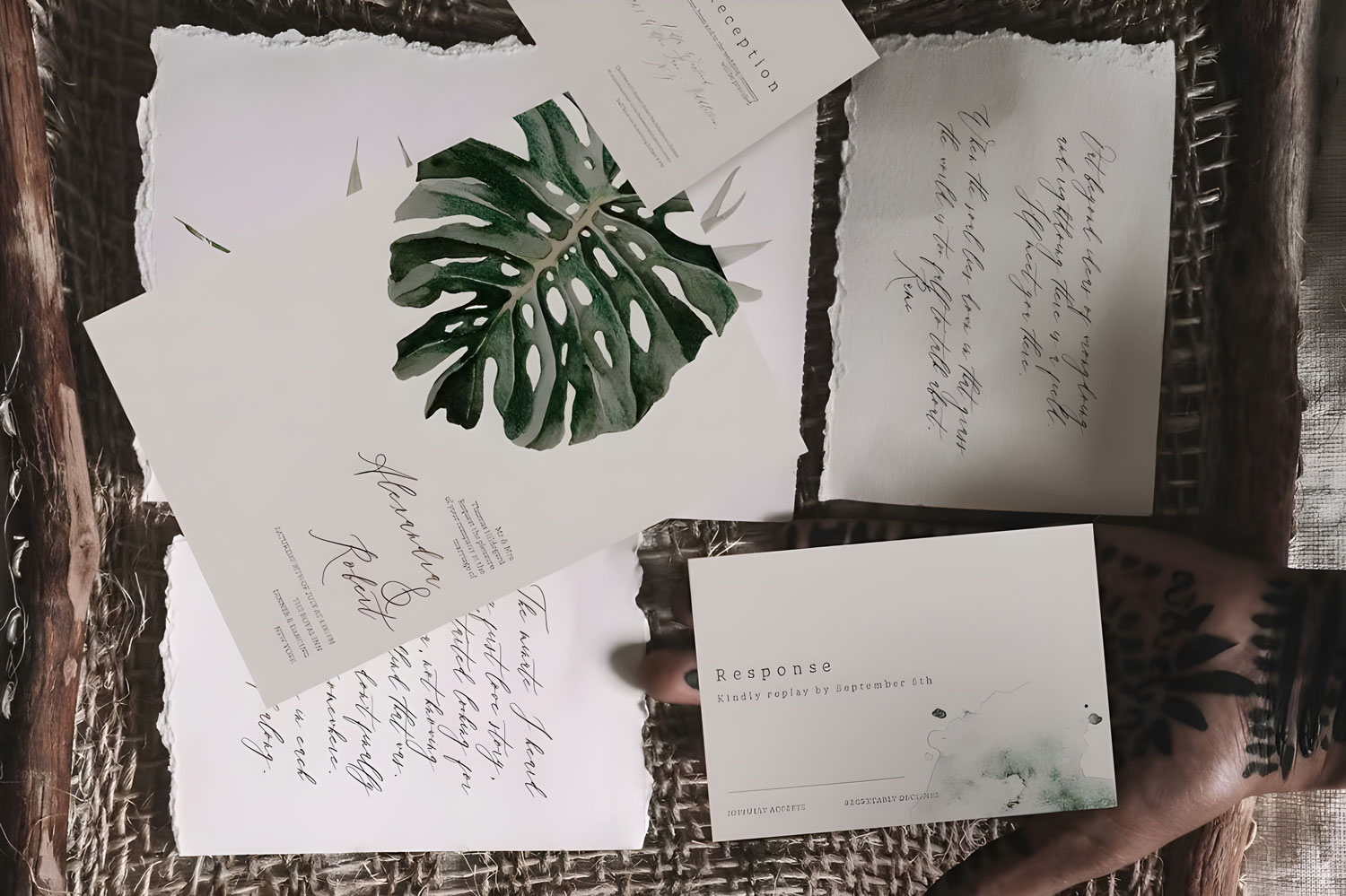 Fern Printed wedding invitations and save the dates with premium envelopes, wax seals, vellum and ribbon.