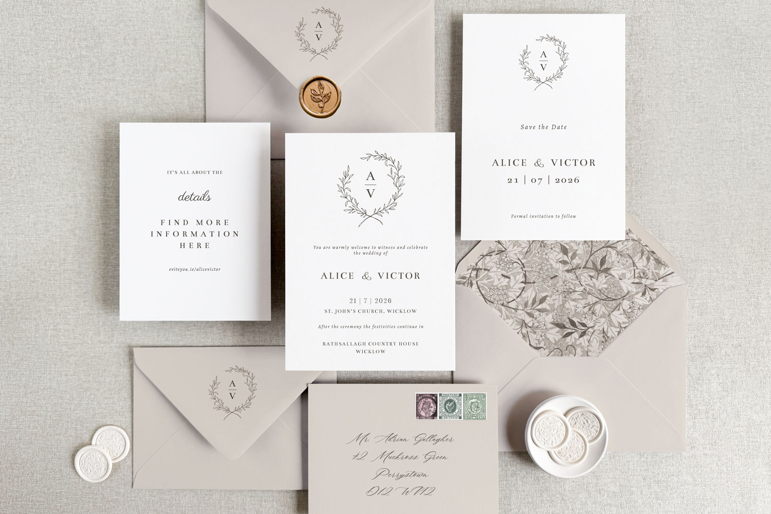 Floral Wreath Printed wedding invitations and save the dates with premium envelopes, wax seals, vellum and ribbon.