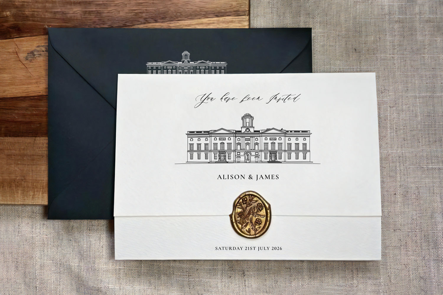Ionad Printed wedding invitations and save the dates with premium envelopes, wax seals, vellum and ribbon.