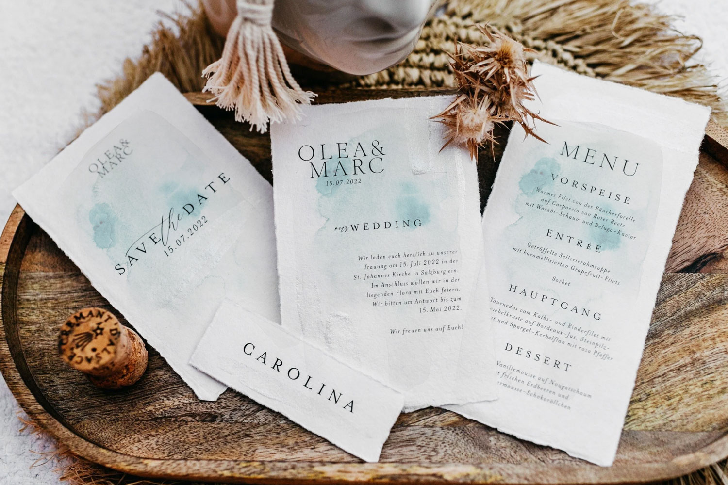 Lagoon Printed wedding invitations and save the dates with premium envelopes, wax seals, vellum and ribbon.