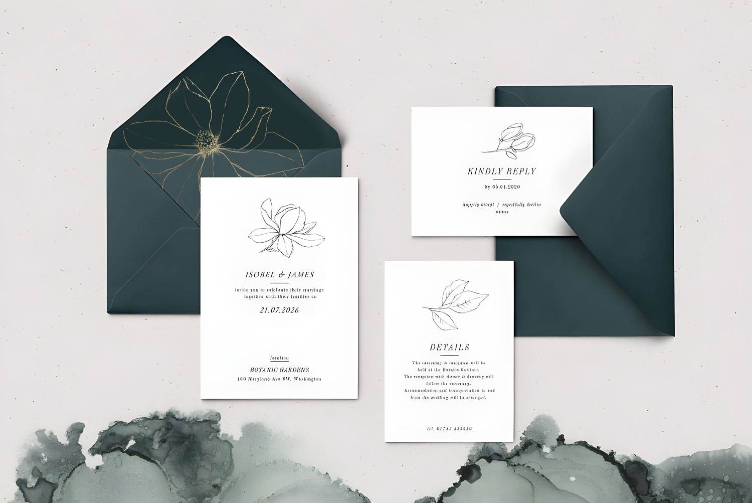 Magnolia Mist Printed wedding invitations and save the dates with premium envelopes, wax seals, vellum and ribbon.
