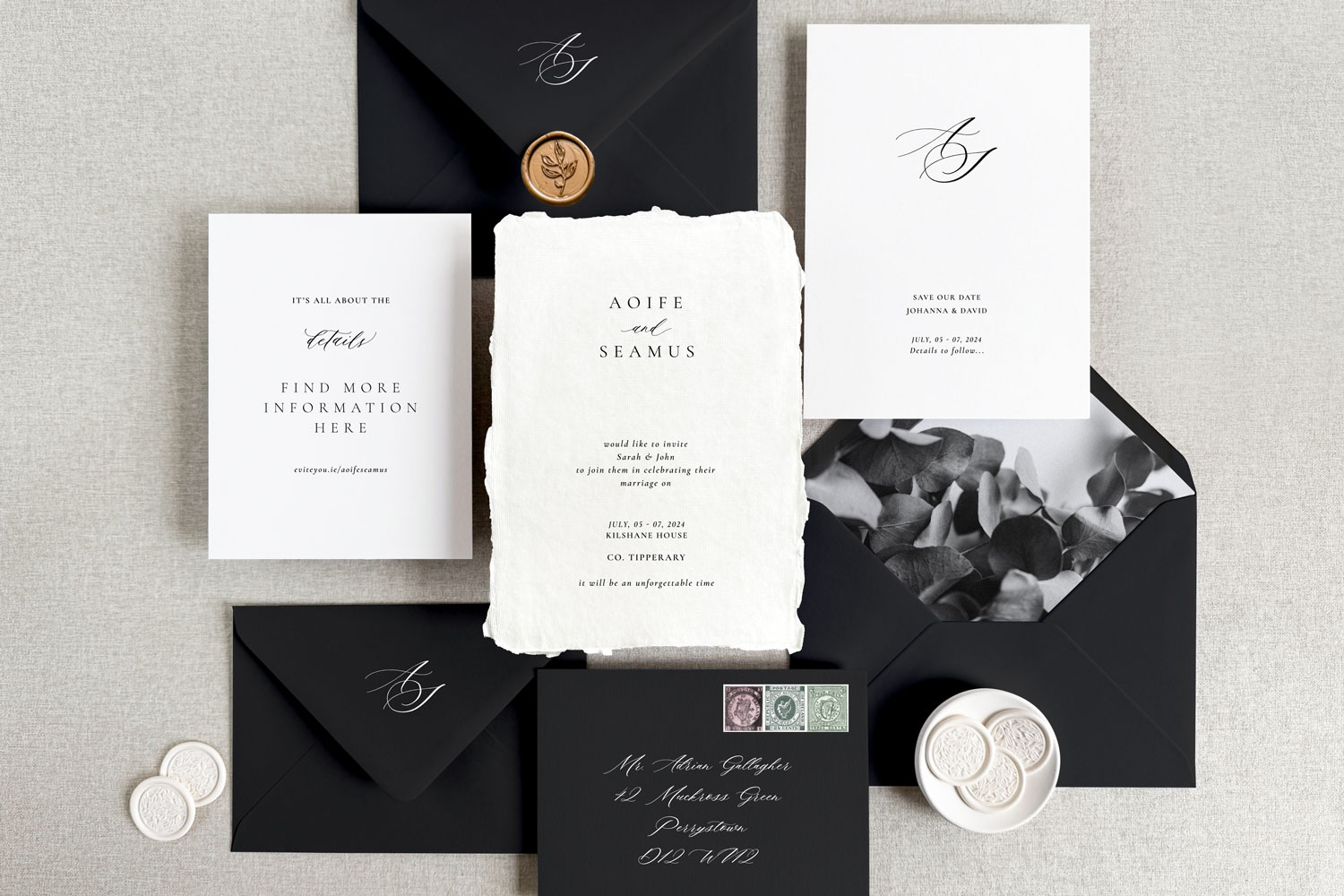Mono Printed wedding invitations and save the dates with premium envelopes, wax seals, vellum and ribbon.