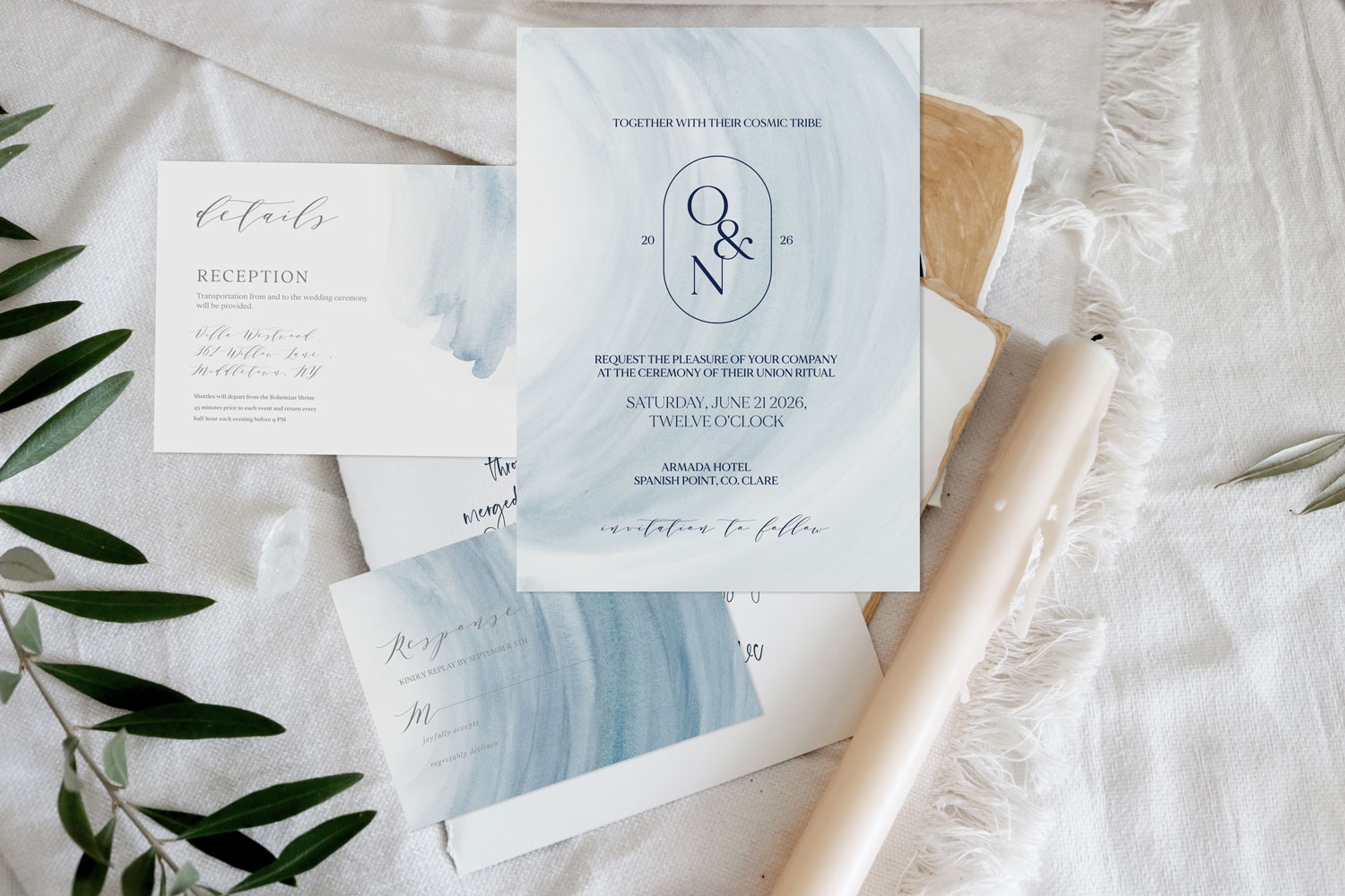 Navy Printed wedding invitations and save the dates with premium envelopes, wax seals, vellum and ribbon.