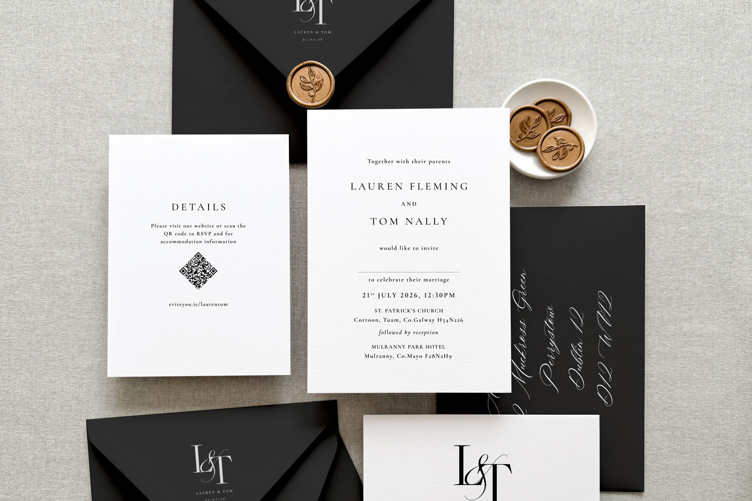 Noir Printed wedding invitations and save the dates with premium envelopes, wax seals, vellum and ribbon.