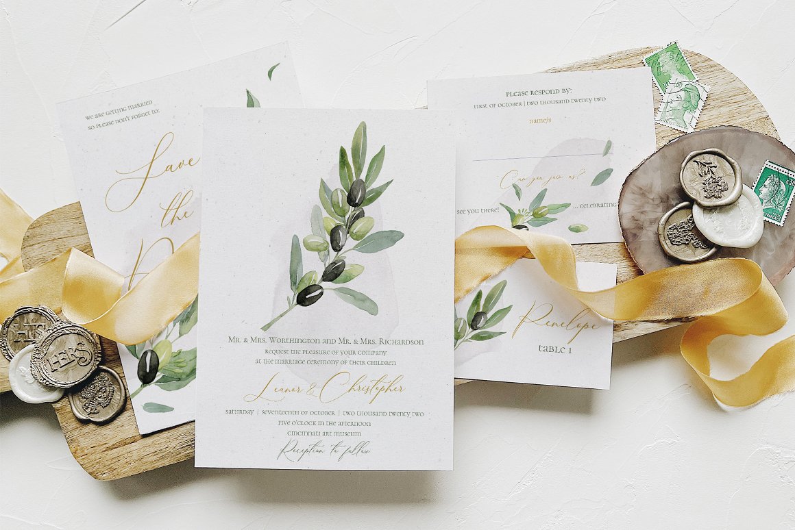 Olive Printed wedding invitations and save the dates with premium envelopes, wax seals, vellum and ribbon.