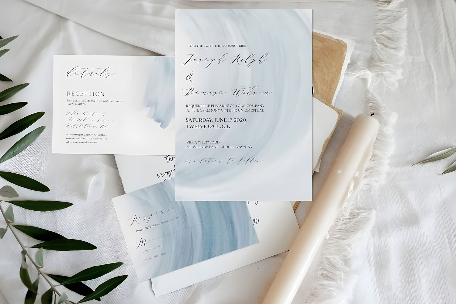 Ostara Printed wedding invitations and save the dates with premium envelopes, wax seals, vellum and ribbon.