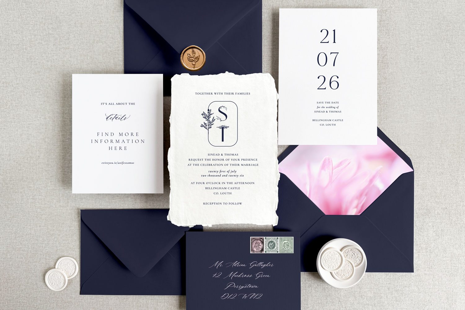 Petal Printed wedding invitations and save the dates with premium envelopes, wax seals, vellum and ribbon.
