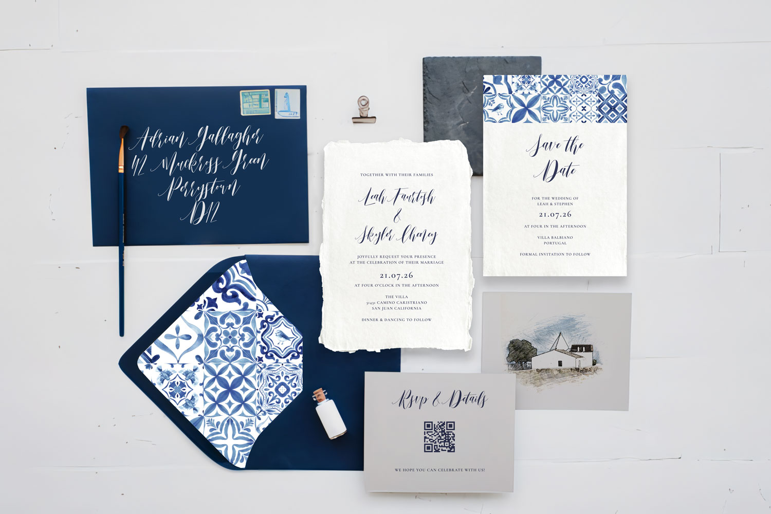 Porcelain Printed wedding invitations and save the dates with premium envelopes, wax seals, vellum and ribbon.