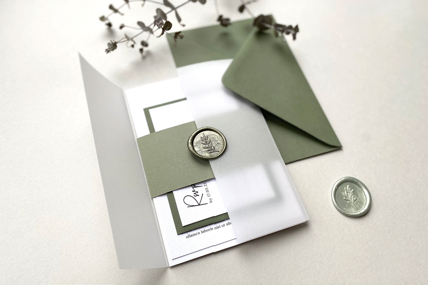 Sage Printed wedding invitations and save the dates with premium envelopes, wax seals, vellum and ribbon.