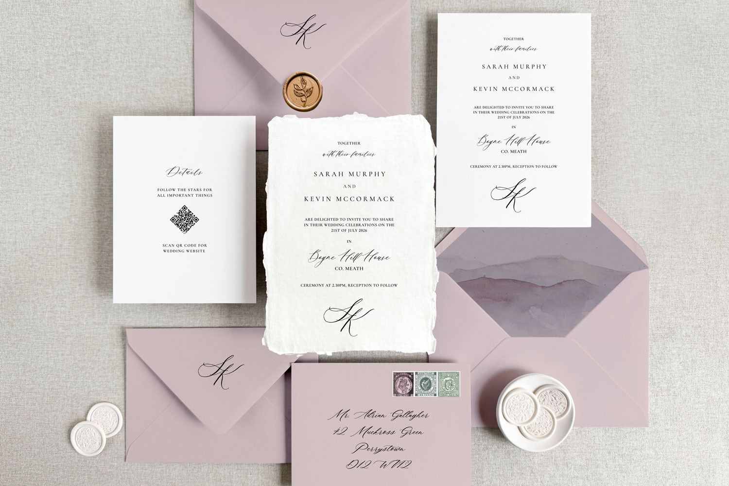 Sliabh Printed wedding invitations and save the dates with premium envelopes, wax seals, vellum and ribbon.