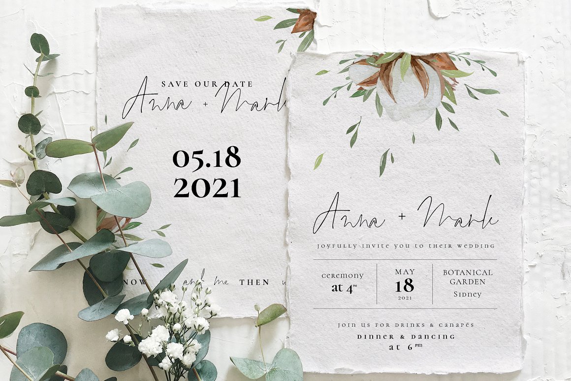 Soft Cotton Printed wedding invitations and save the dates with premium envelopes, wax seals, vellum and ribbon.