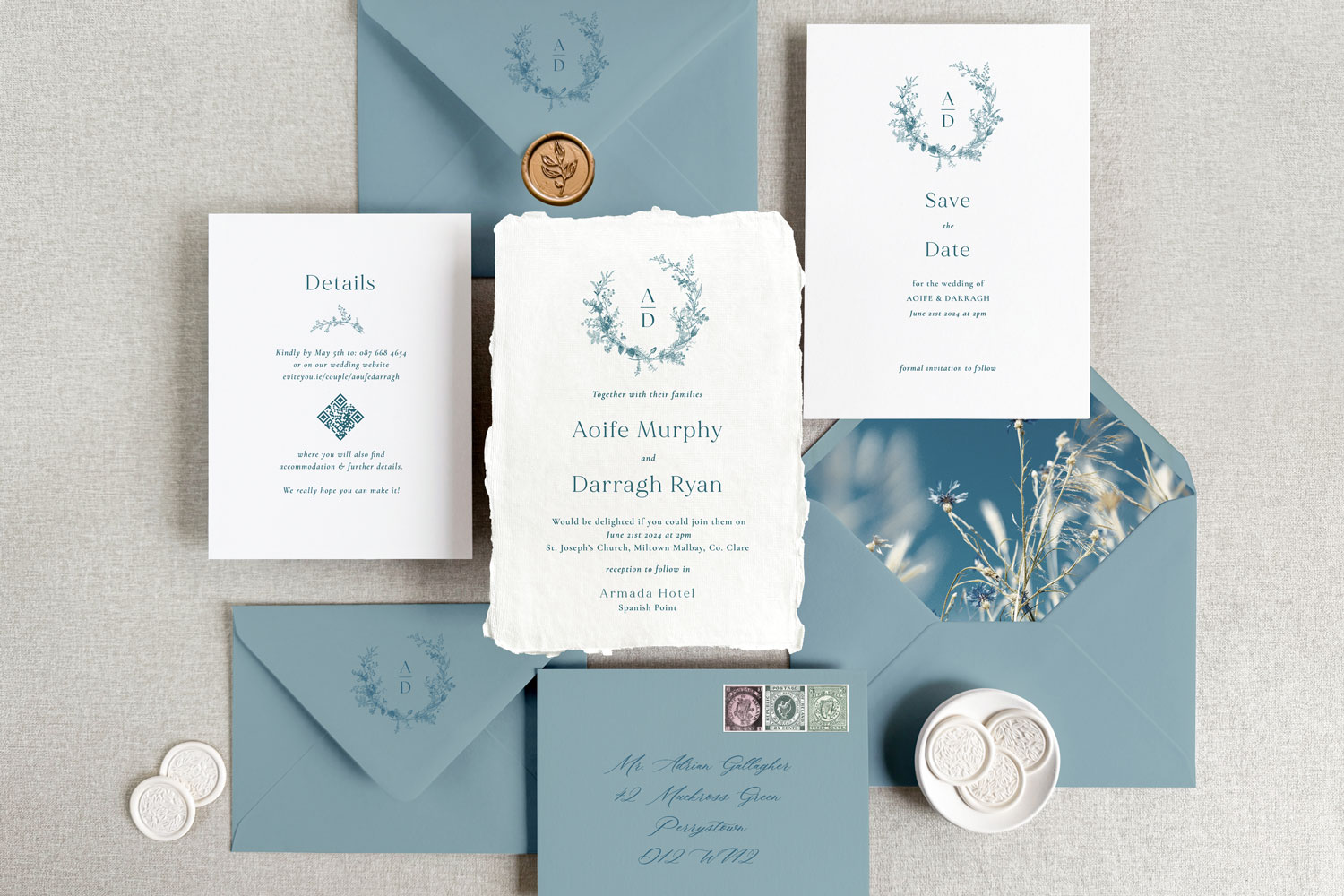 Summer Blue Printed wedding invitations and save the dates with premium envelopes, wax seals, vellum and ribbon.